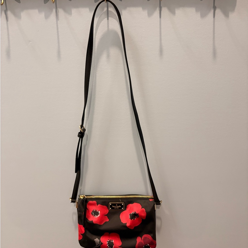 kate spade Black Crossbody with Red Floral Print and Gold Hardware